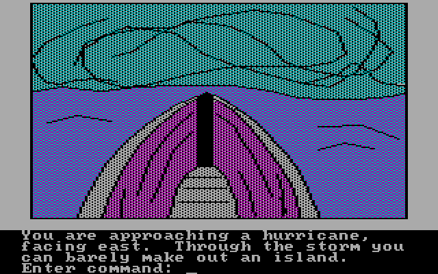 Hi-Res Adventure #4: Ulysses and the Golden Fleece (PC Booter) screenshot: Sailing towards a storm.