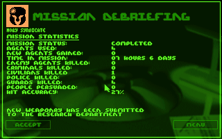 Syndicate (DOS) screenshot: Mission Debriefing (Only one dead civilian)