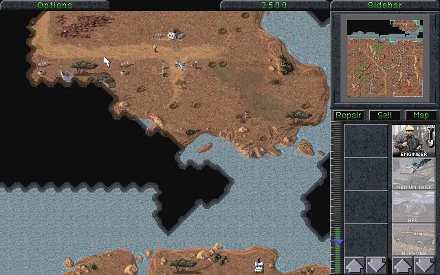 Command & Conquer (Windows) screenshot: Attacking village with a stolen GDI Orca helicopter