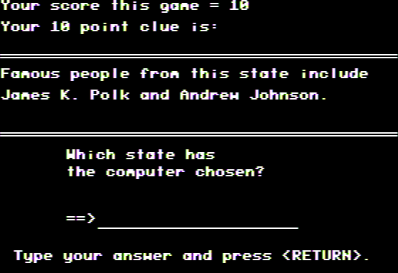 Medalist Series: States (Apple II) screenshot: It Wasn't Tennessee