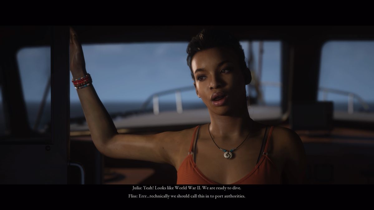 The Dark Pictures Anthology: Man of Medan (PlayStation 4) screenshot: Fliss, the captain, is a bit worried about not reporting the wreckage to the authorities