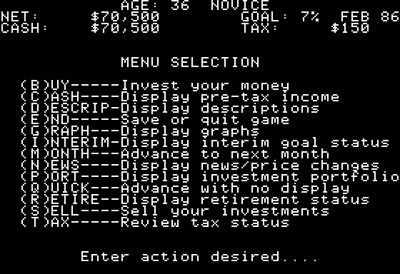 Squire: The Financial Planning Simulation (Apple II) screenshot: Gameplay Menu