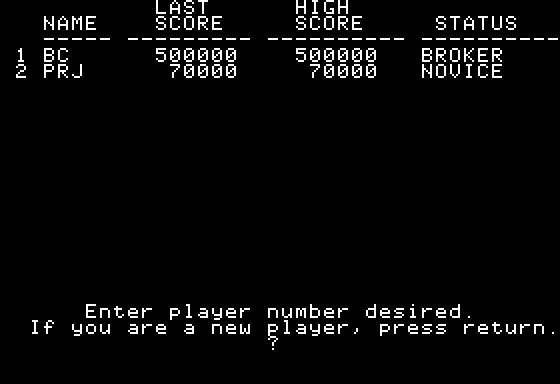 Squire: The Financial Planning Simulation (Apple II) screenshot: High-Scores List