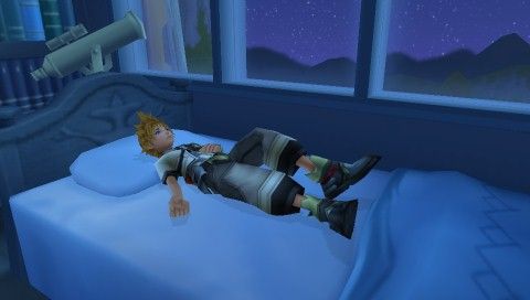 Kingdom Hearts: Birth by Sleep (PSP) screenshot: No one sleeps with their shoes on, c'mon.