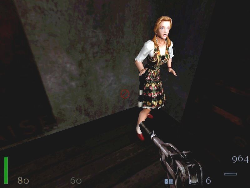 Return to Castle Wolfenstein (Macintosh) screenshot: Fräulein cowering in a corner after you dispatched the German officers