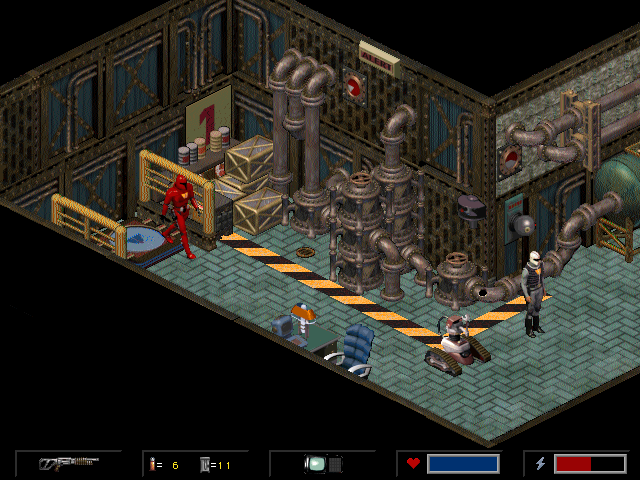 Crusader: No Remorse (Windows) screenshot: Got to find a way past the guard and his robot