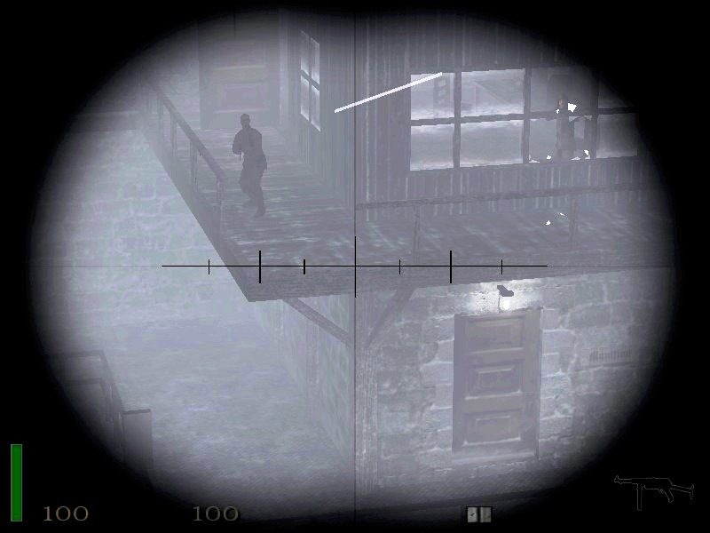 Return to Castle Wolfenstein (Macintosh) screenshot: Approaching the bottom station the guards begin to fire on the tram