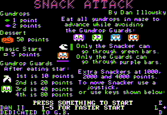 Snack Attack (Apple II) screenshot: Title and instructions