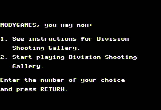 Division Shooting Gallery (Apple II) screenshot: Main Menu