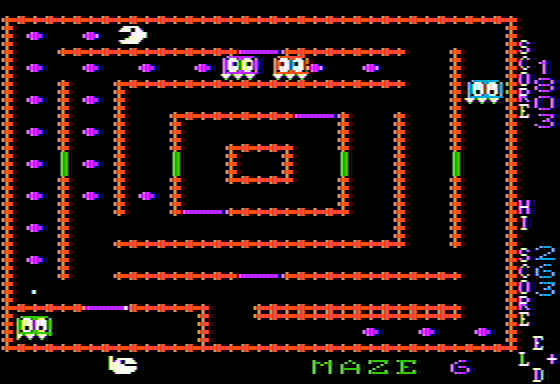 Snack Attack (Apple II) screenshot: Later mazes are repeats of the first 3, only faster-paced