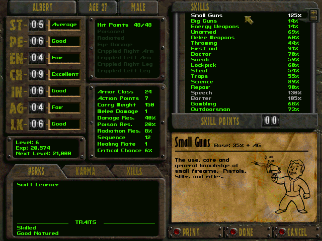 Fallout (Windows) screenshot: List of skills and abilities