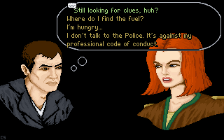 Guilty (DOS) screenshot: The dialogue screen with multiple-choice sentences.