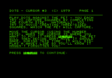 Dots (Commodore PET/CBM) screenshot: Instructions