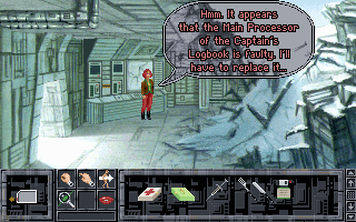 Guilty (DOS) screenshot: ...whereas Ysanne needs to repair the computer terminal.