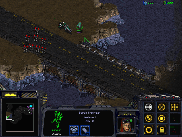 StarCraft (Windows) screenshot: Approaching enemy positions with Sarah