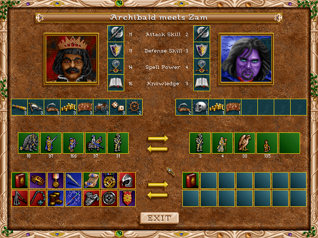Heroes of Might and Magic II: The Succession Wars (Windows) screenshot: Exchanging units and items between your heroes