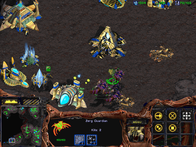 StarCraft (Windows) screenshot: Zerg guardians are deadly against ground units and structures