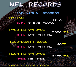 Tecmo Super Bowl III: Final Edition (SNES) screenshot: NFL records