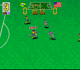 Super Soccer Champ (SNES) screenshot: Dangerous situation...