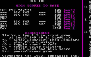 Big Top (PC Booter) screenshot: Information (CGA card with RGBI monitor, color palette 1)
