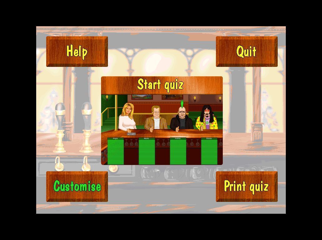 The Best Pop Pub Quiz Ever! (Windows) screenshot: The game's main menu showing without the in-game help screen that can optionally be shown at the beginning