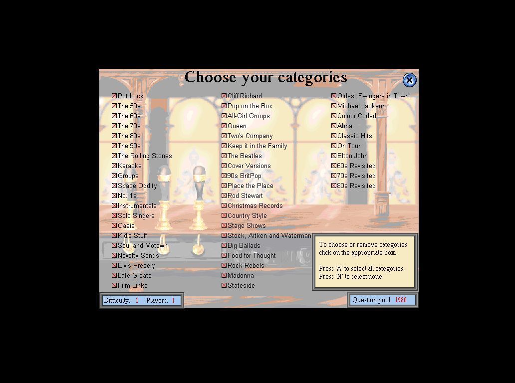 The Best Pop Pub Quiz Ever! (Windows) screenshot: The question categories. The number 1980 in the lower right is the number of questions at difficulty level 1, not a pop question category