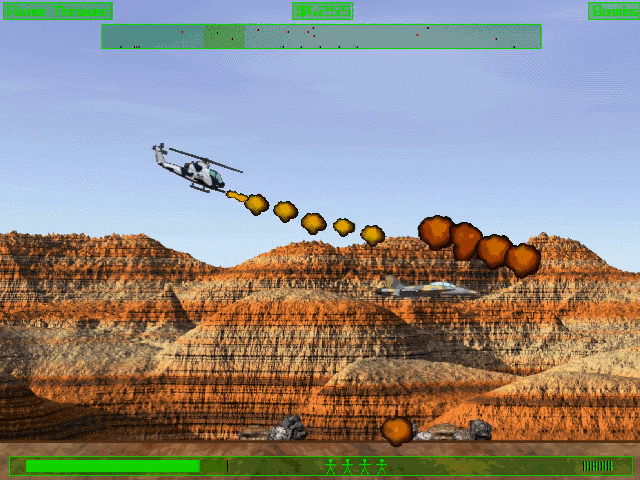 Cobra Gunship (Macintosh) screenshot: First time in history: a Jet is shot down by a flame-thrower