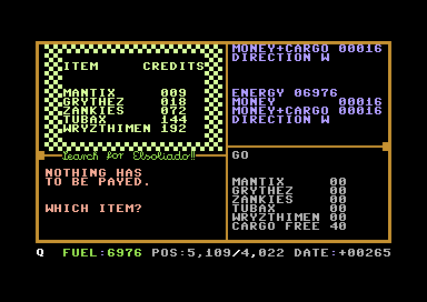 The Search for Elsoliado (Commodore 64) screenshot: Buying Trading Goods