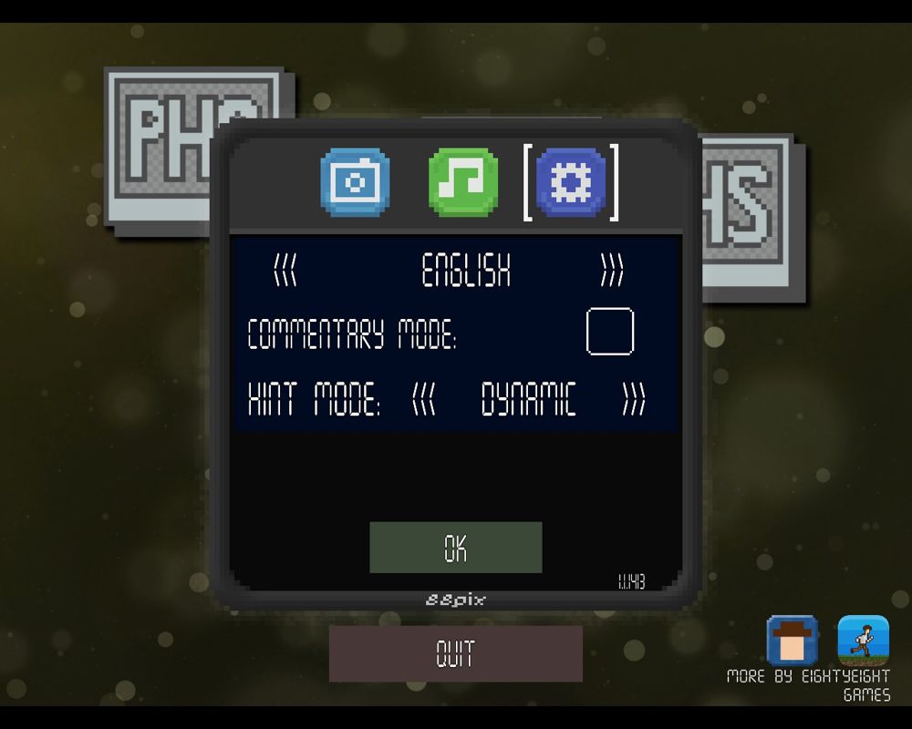 Photographs (Windows) screenshot: Options menu is very minimalistic. Most interesting section is this one, related to the gameplay mode.