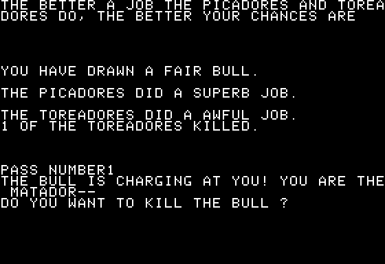 BASIC Computer Games (Apple II) screenshot: Bullfight - Starting the Fight