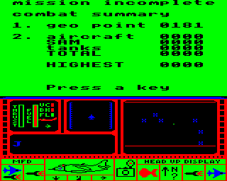 Strike Force Harrier (BBC Micro) screenshot: Mission summary