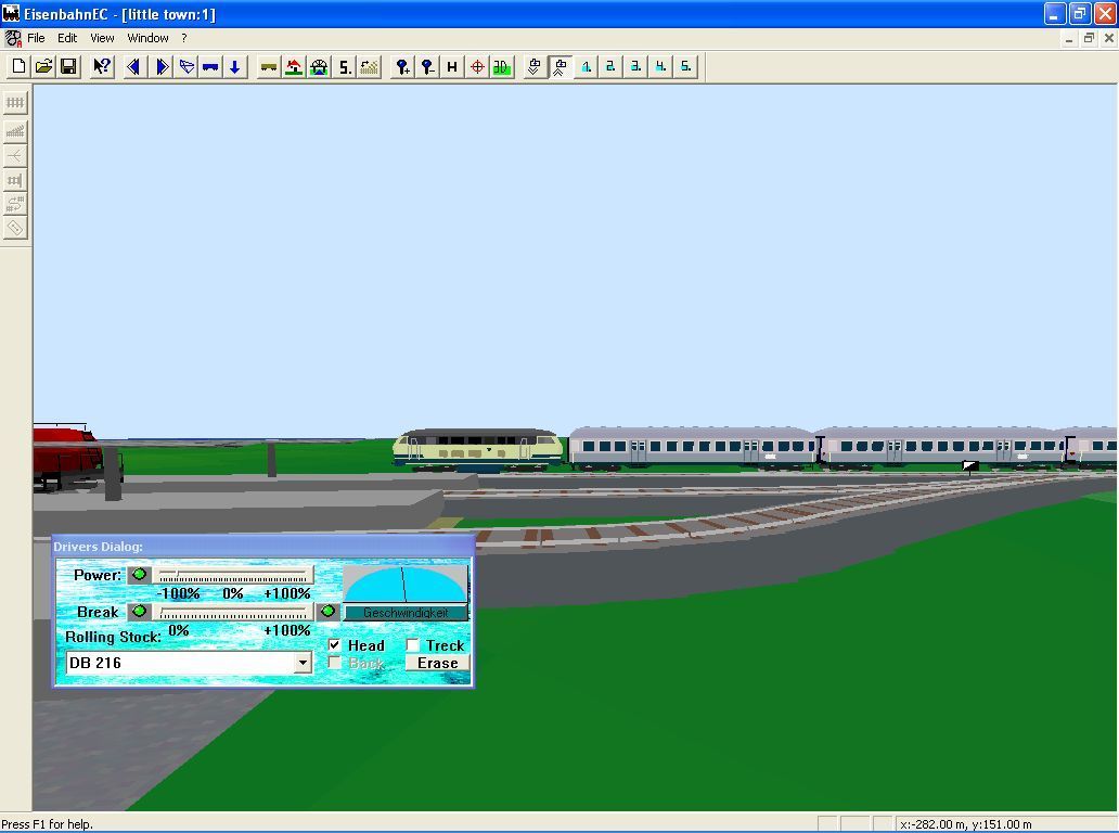 Virtual Railroad (Windows) screenshot: The drivers dialogue shown here is being used to control the speed and direction of the passenger train in the distance