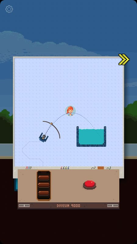 Photographs (Android) screenshot: Jane's puzzles mostly deal with physics. Make the ball hit the pool after it touches her icon.