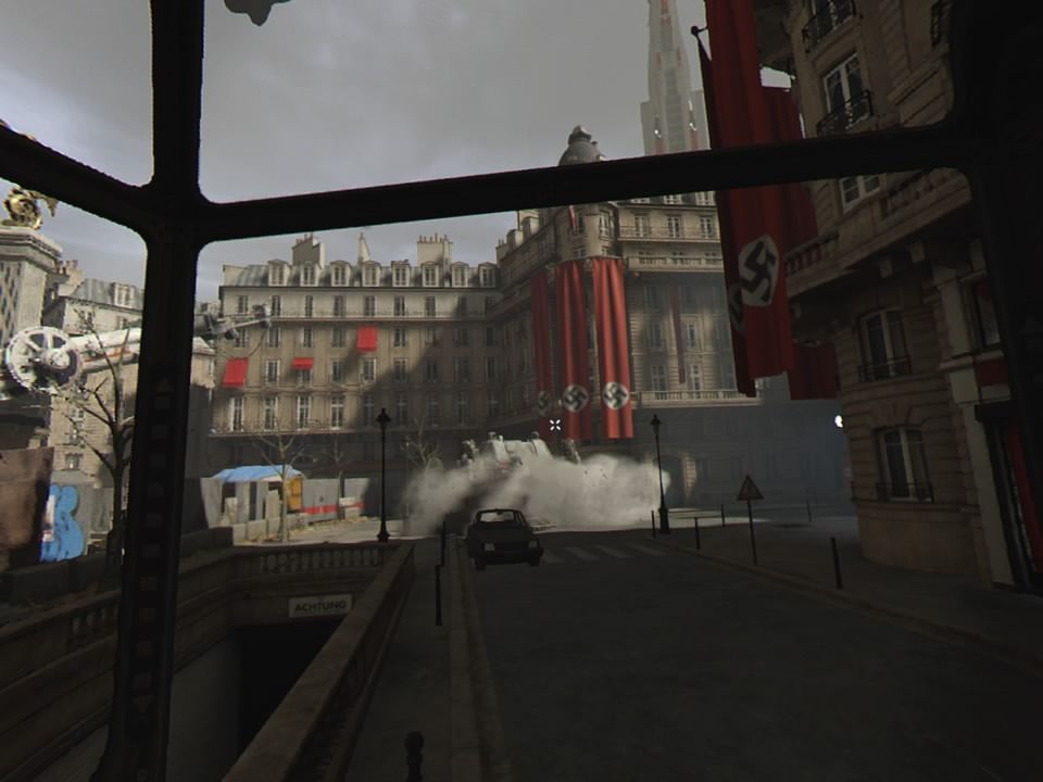 Wolfenstein: Cyberpilot (PlayStation 4) screenshot: Enemy reinforcements dropping in from the sky