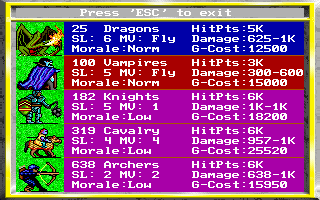 King's Bounty (DOS) screenshot: Checking your army's morale and stats... the background color defines unit type (i.e. red for undead units)