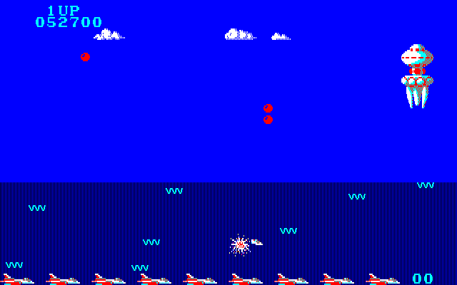 Aeroboto (PC-88) screenshot: The boss didn't get me, I ran out of fuel