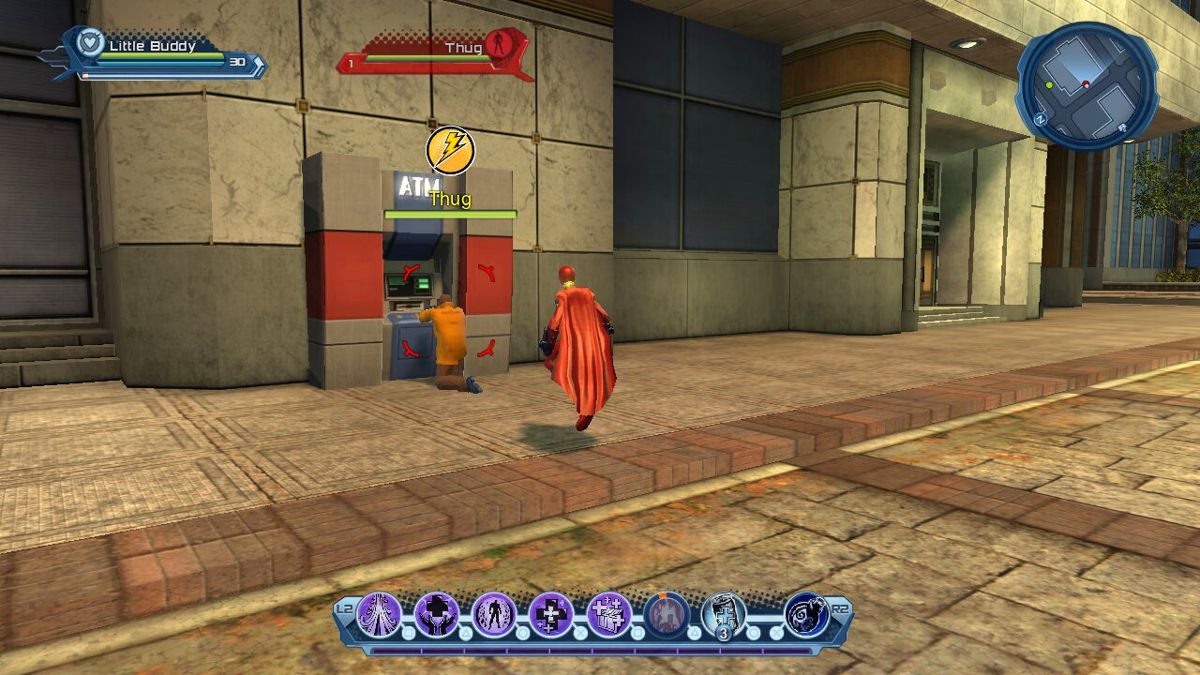 DC Universe Online (PlayStation 3) screenshot: Heroes find randomized crimes to stop. Villains find randomized crimes to start.