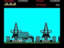 Rush'n Attack (ZX Spectrum) screenshot: Stage 1 - this car is full of enemy reinforcements.