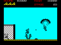 Rush'n Attack (ZX Spectrum) screenshot: Stage 3 - my jump will probably end on a mine.