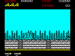 Rush'n Attack (ZX Spectrum) screenshot: Stage 3 - on a low platform surrounded by trees.