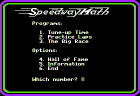 Speedway Math (Apple II) screenshot: Main Menu