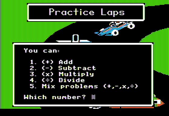 Speedway Math (Apple II) screenshot: Practice Laps