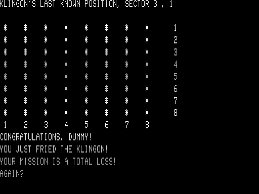 Klingon Capture (TRS-80) screenshot: Hit the Klingon Vessel and Lost