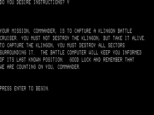 Klingon Capture (TRS-80) screenshot: Instructions