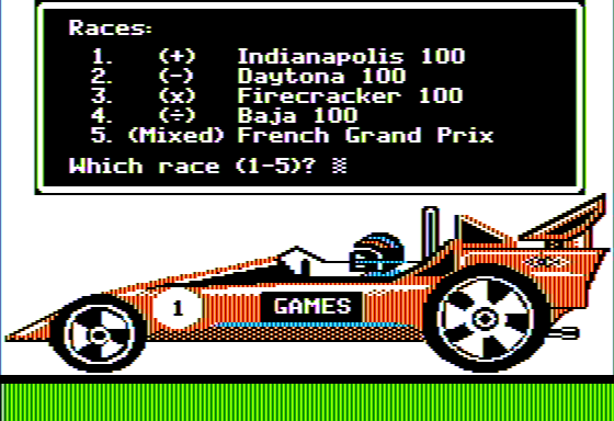 Speedway Math (Apple II) screenshot: Choosing a Circuit