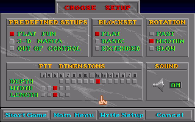 Blockout (Amiga) screenshot: Choose your setup