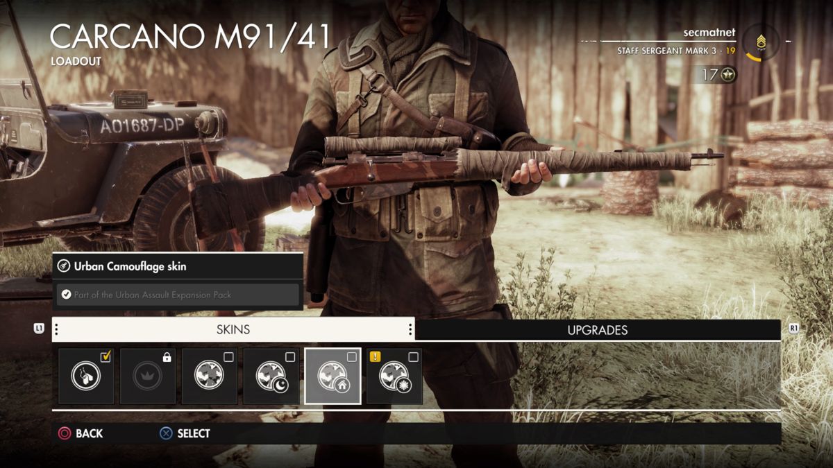 Sniper Elite 4: Italia - Urban Assault Expansion Pack (PlayStation 4) screenshot: Carcano M91/41 urban camouflage skin