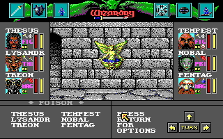 Wizardry: Bane of the Cosmic Forge (DOS) screenshot: This fountain looks tempting, right? Well, if you think every fountain will heal you, think again. This one is actually poisonous!..