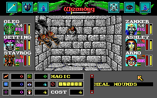 Wizardry: Bane of the Cosmic Forge (DOS) screenshot: Choosing a magic spell during a battle against well-animated bats