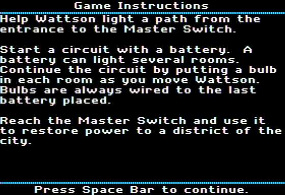 Electrifying Adventure (Apple II) screenshot: Instructions